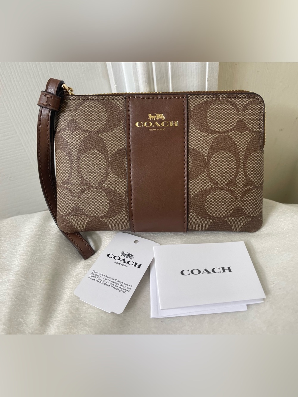 Coach Signature Canvas Wristlet in Brown and Tan with Leather Trim